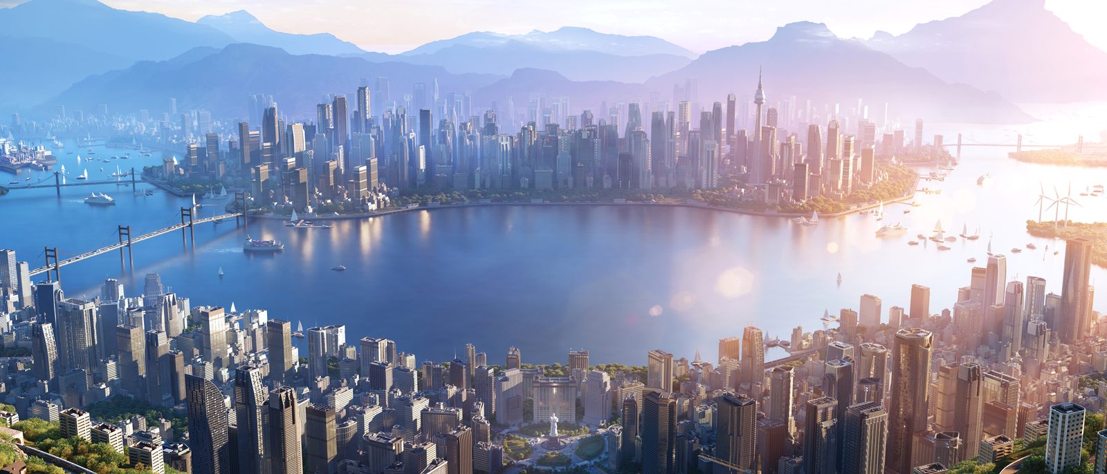 A coastal city skyline at sunrise with mountains behind