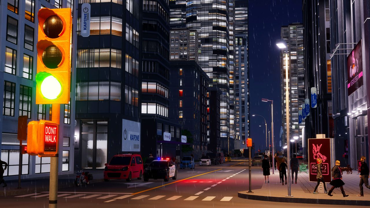 A neon-lit downtown crossing at night