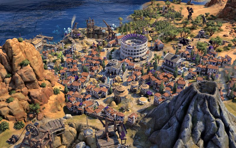 A classical city with an amphitheatre beside a smoking volcano