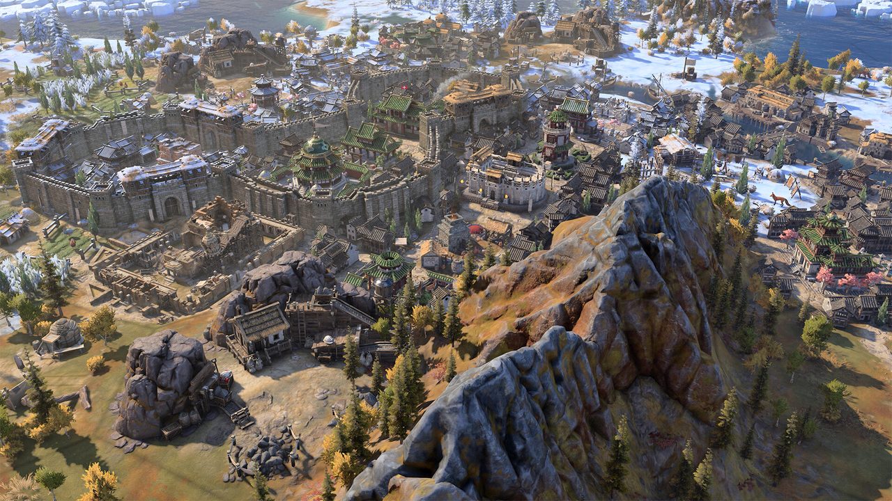 A city climbing a snowy mountainside