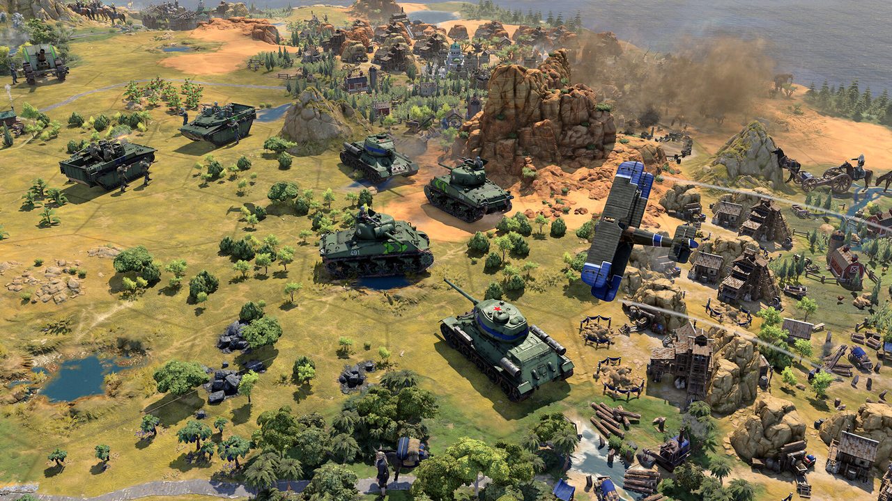 Modern-age tanks crossing open country