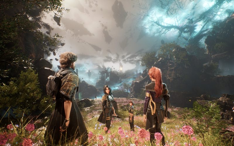 The expedition party standing in a flowering meadow