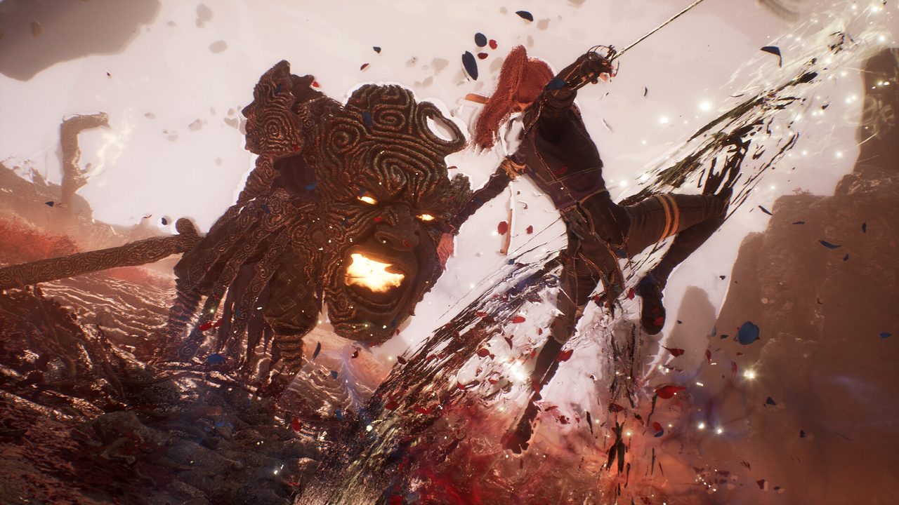 A fighter leaping at a masked stone giant in a storm of red petals