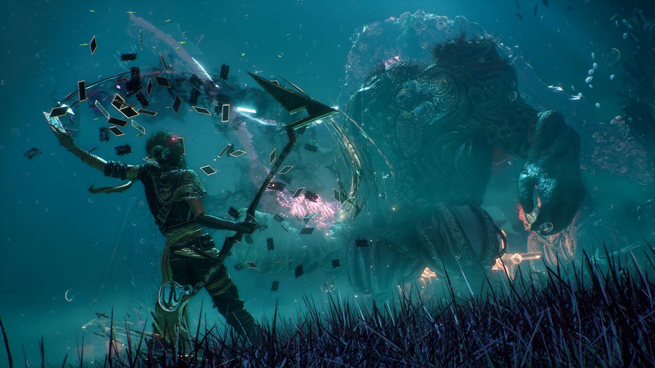 An archer drawing on a hulking creature in blue light