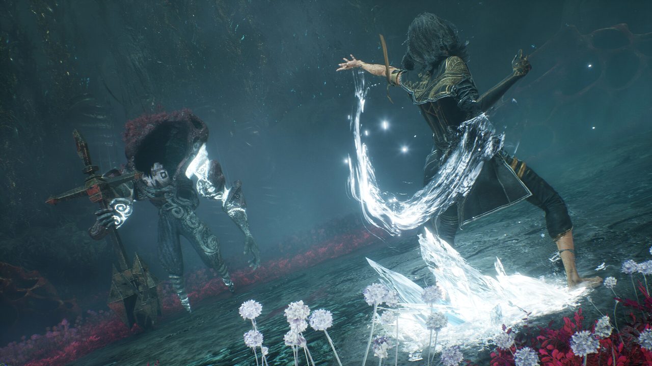A duel of crystal magic among white flowers