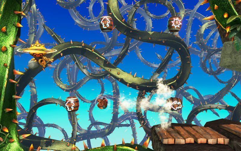 Donkey Kong swinging through a jungle of thorny vines under a blue sky