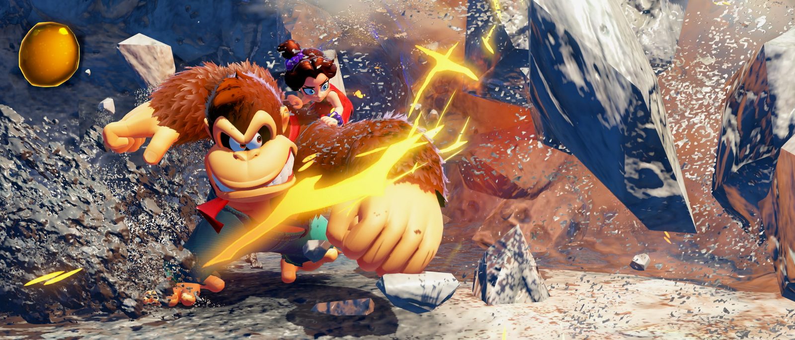 Donkey Kong punching through shattering rock with Pauline on his back