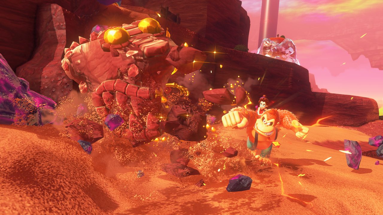 Donkey Kong smashing a path through a red rock face