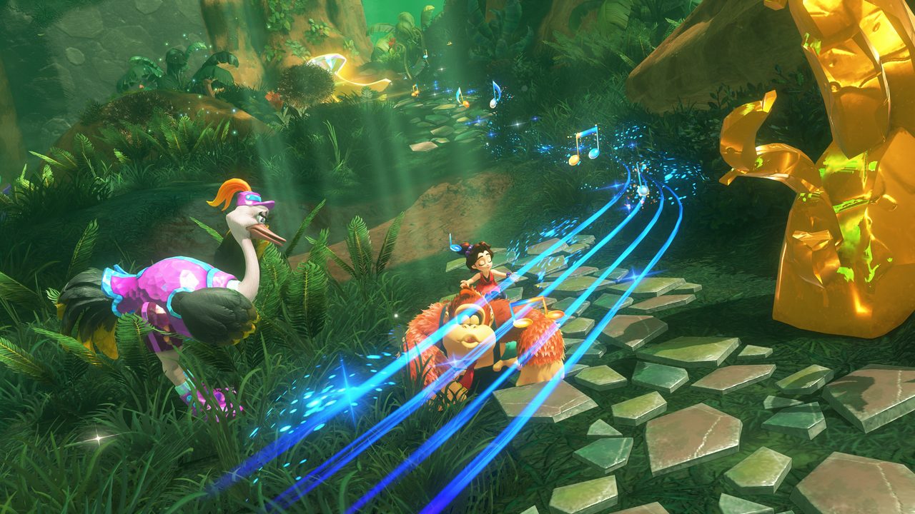 Donkey Kong dashing through a cavern trailing streaks of light