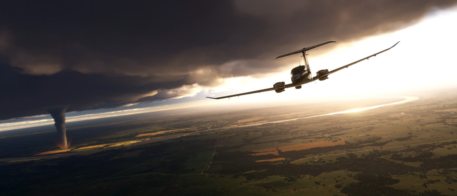 A light aircraft banking past a tornado under a stormy sky