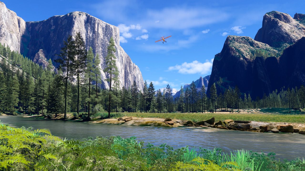 A small plane over a forested valley