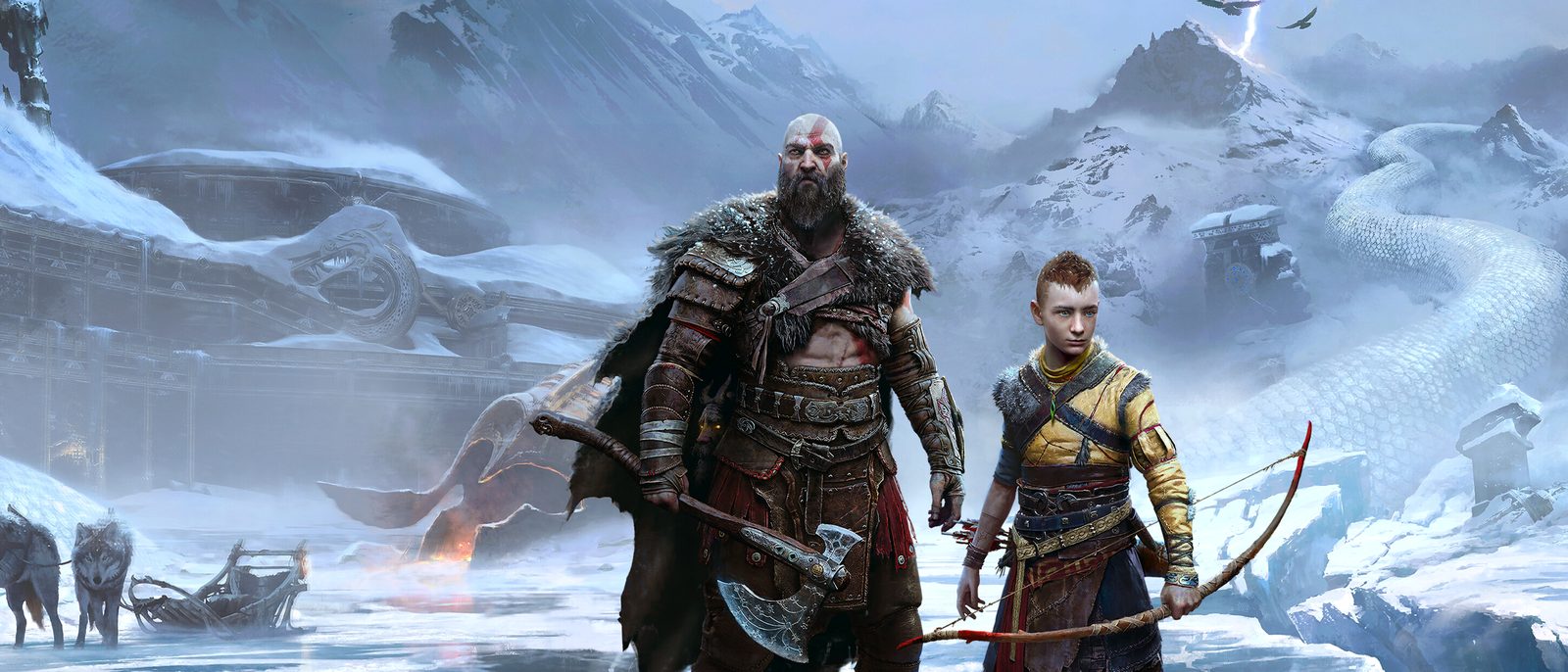 Kratos and Atreus crossing a frozen landscape with a wolf sled