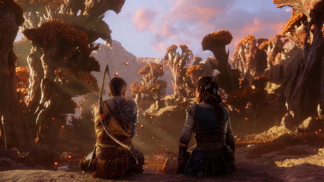 Two travellers seated before an amber forest at dusk