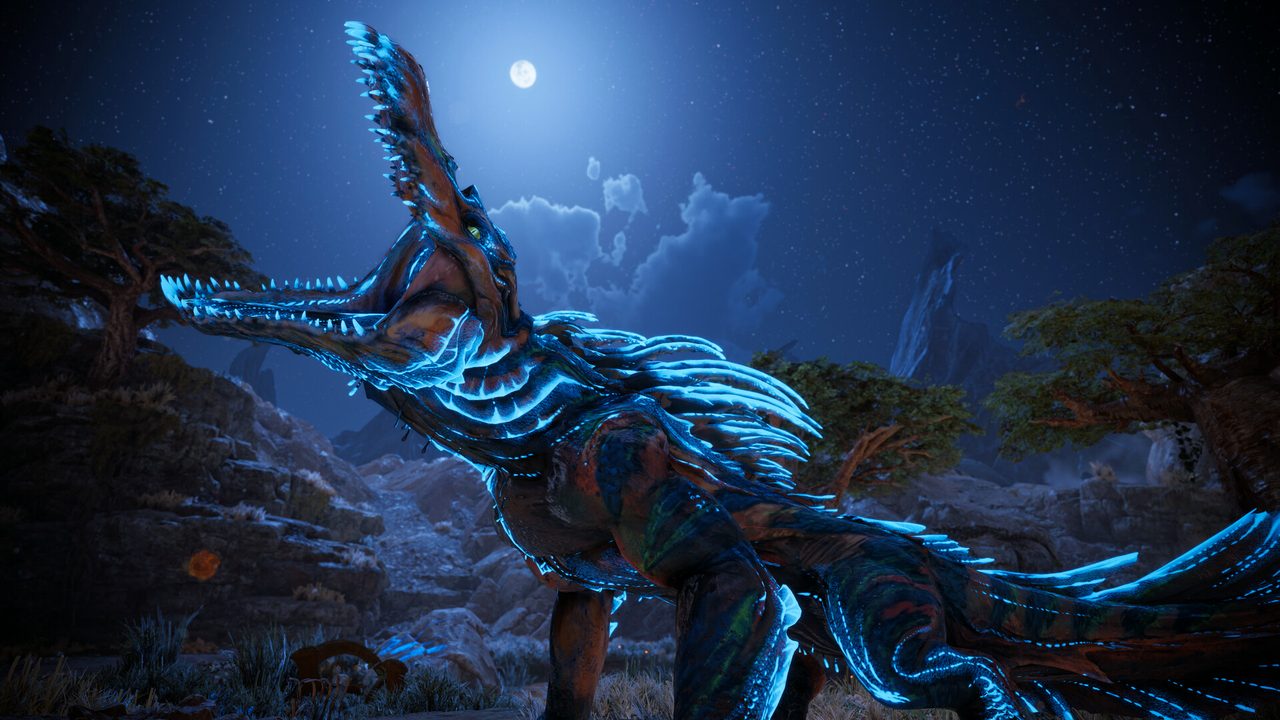 A glowing blue beast beneath a full moon