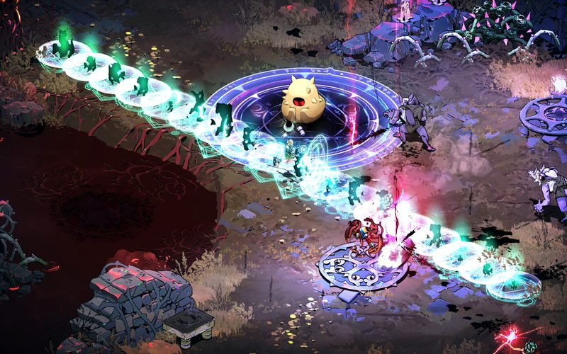 A battle arena lit by a chain of green and violet spell effects