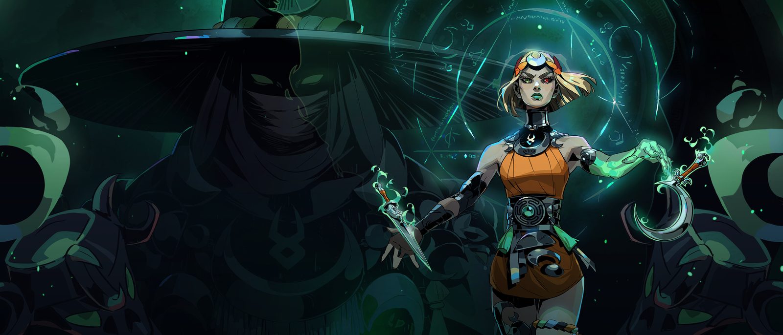 Melinoë summoning green witchfire against a dark, ornate backdrop