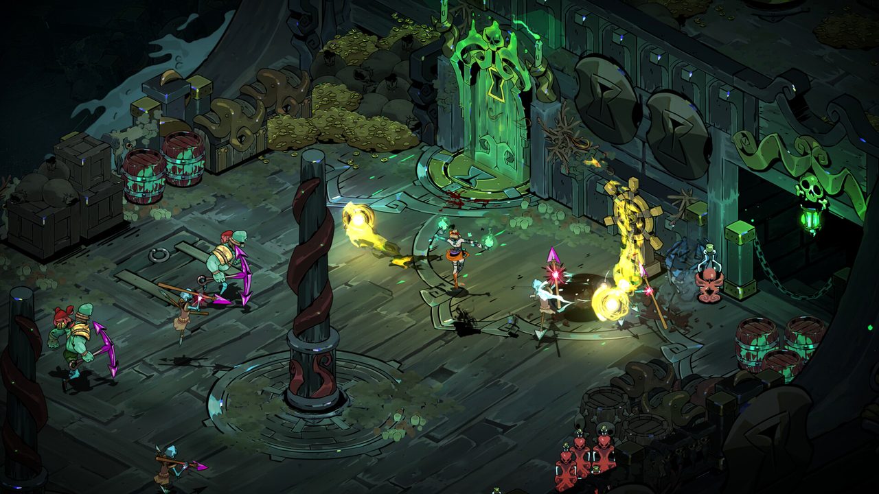 Melinoë battling shades in a torch-lit ruin