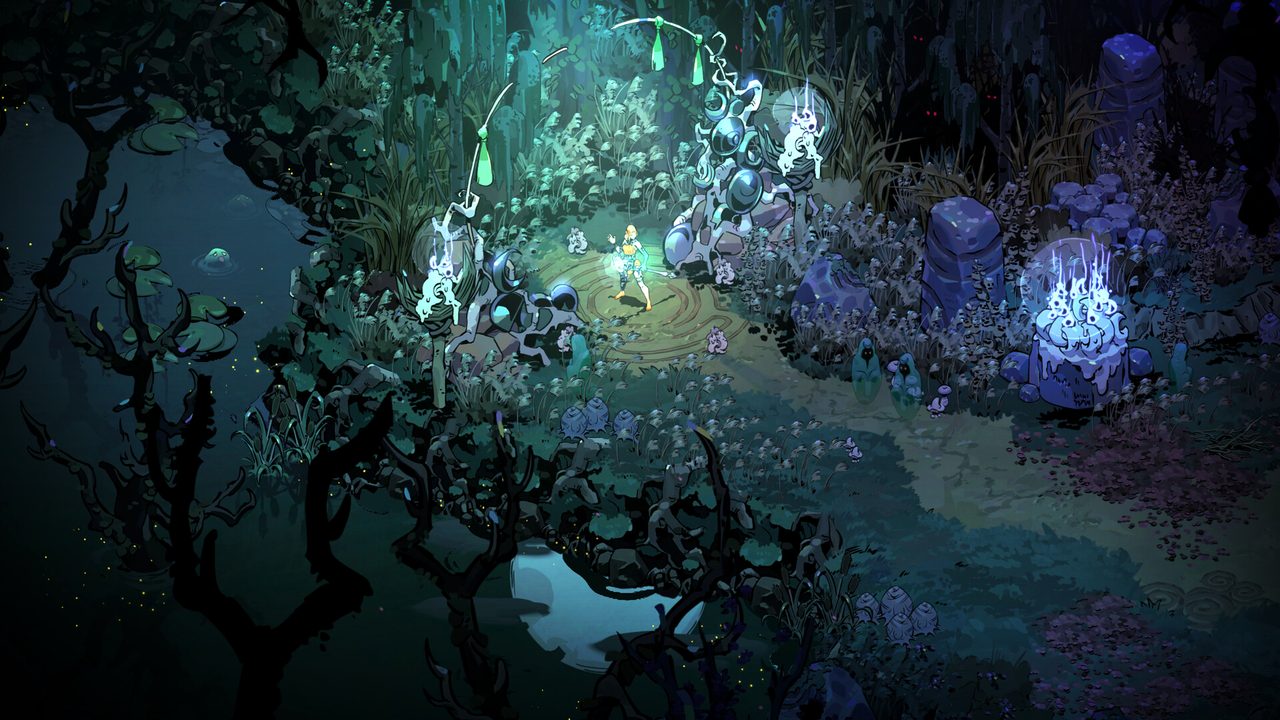 A misty Underworld glade lit by spectral blue light