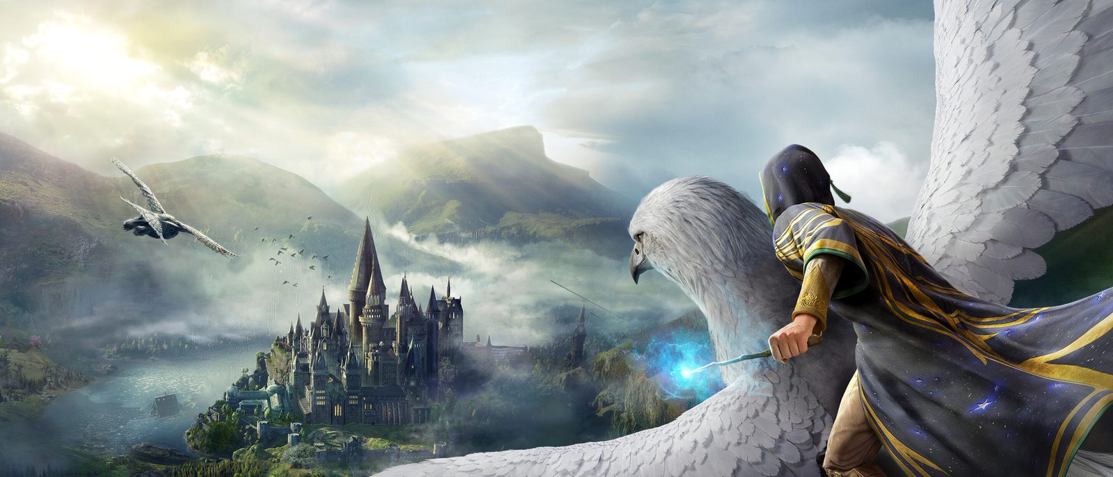 A student flying a hippogriff towards Hogwarts castle above the clouds