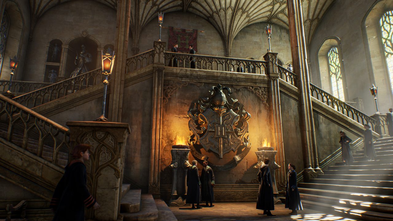The grand staircase of Hogwarts beneath the house crest