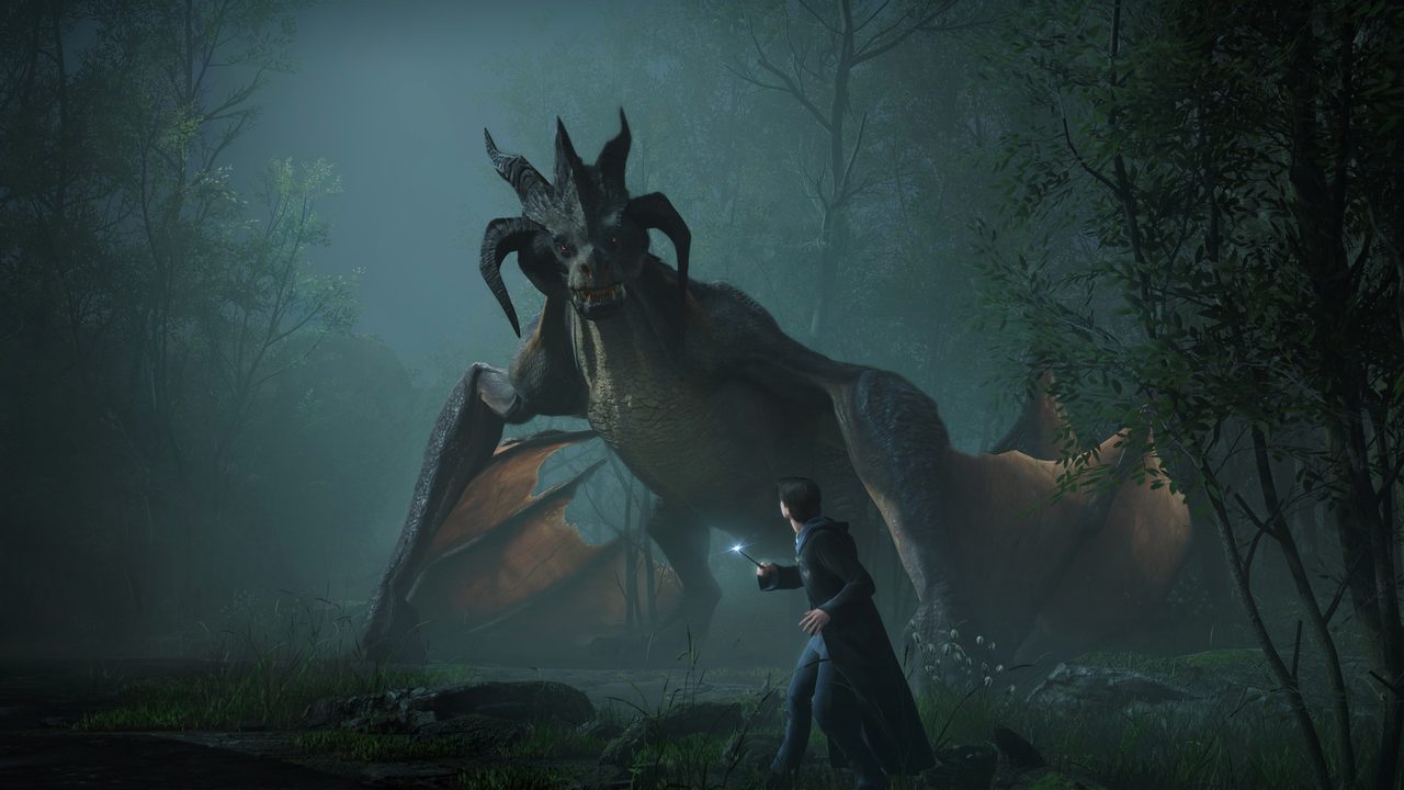 A student facing a dragon in a misty forest