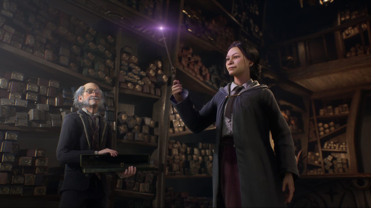 A wandmaker's shop lit by a glowing wand