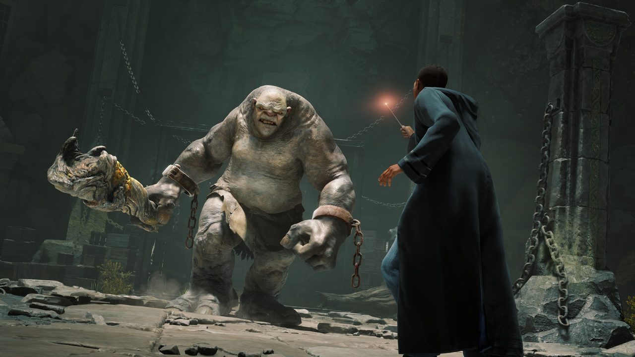 A student casting at a chained troll in a ruin