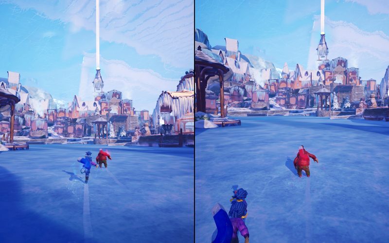 Split-screen co-op: the pair skating across a frozen snow-globe town