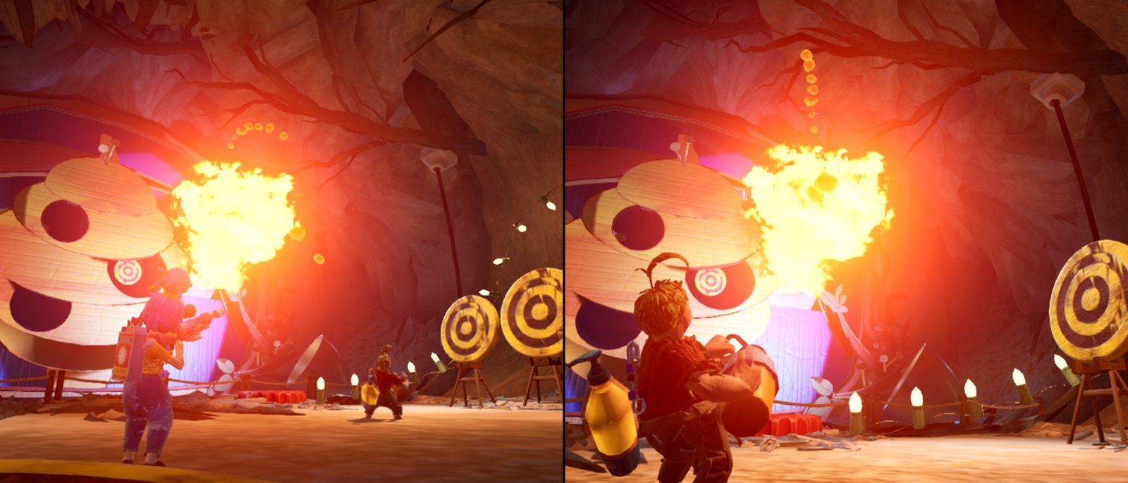 Split-screen co-op: Cody and May fighting side by side in a lantern-lit cave