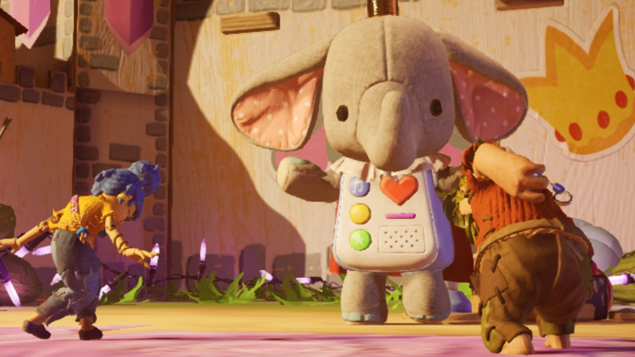 Cody and May meeting a giant toy elephant in the playroom