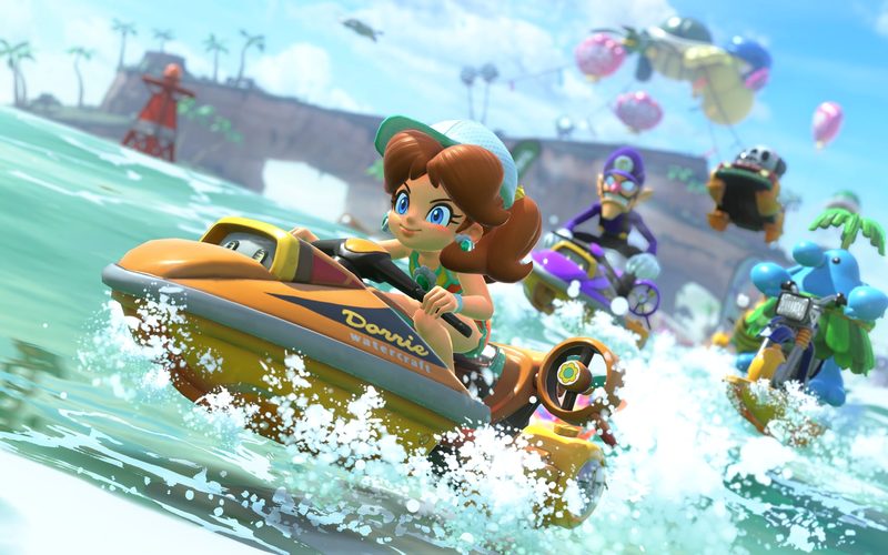 Daisy racing across open water in a kart that has turned into a boat