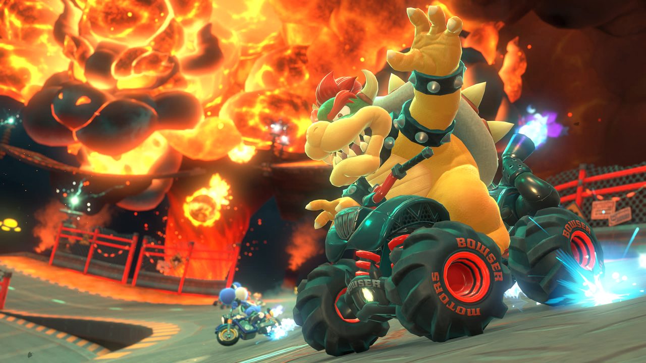Bowser's monster truck charging through a volcanic course