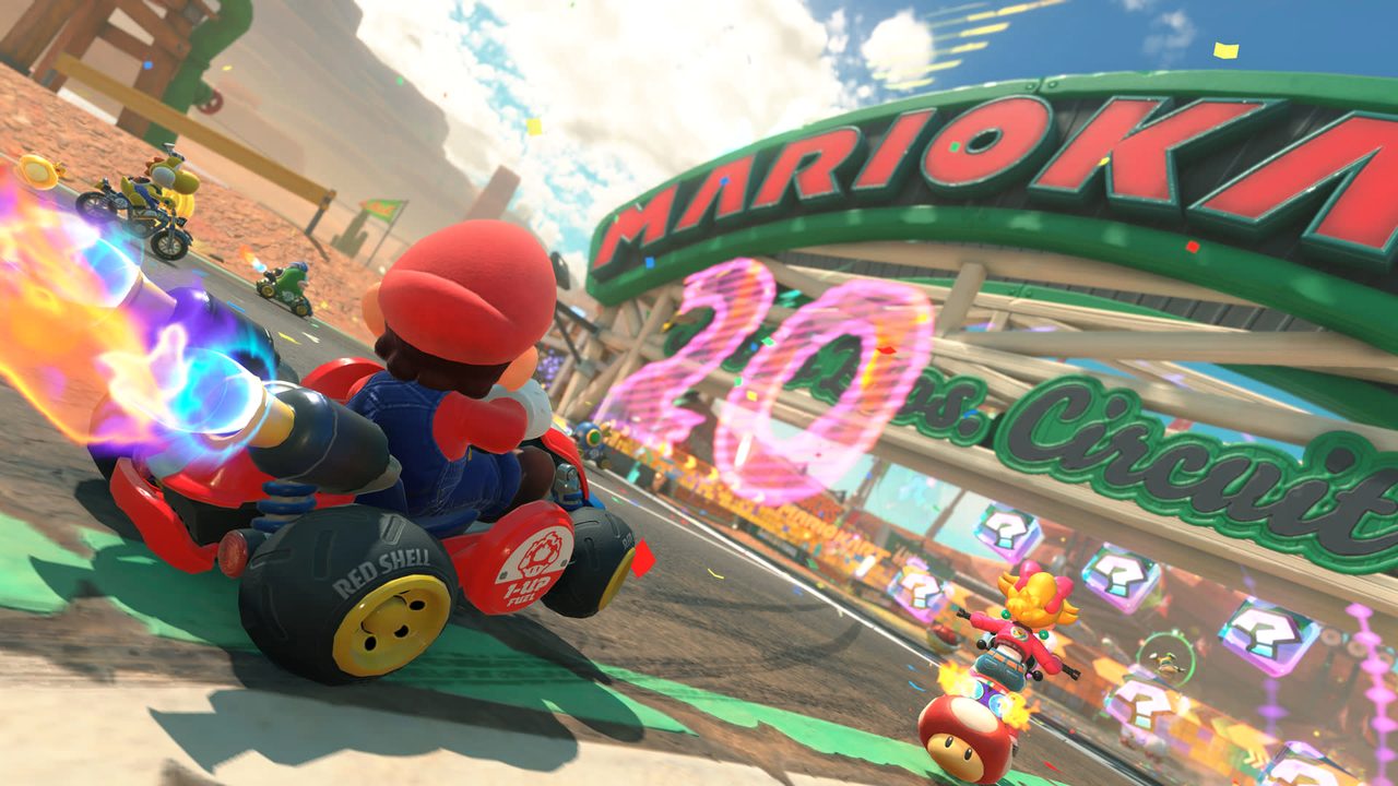 Mario drifting past the crowd at a finish line