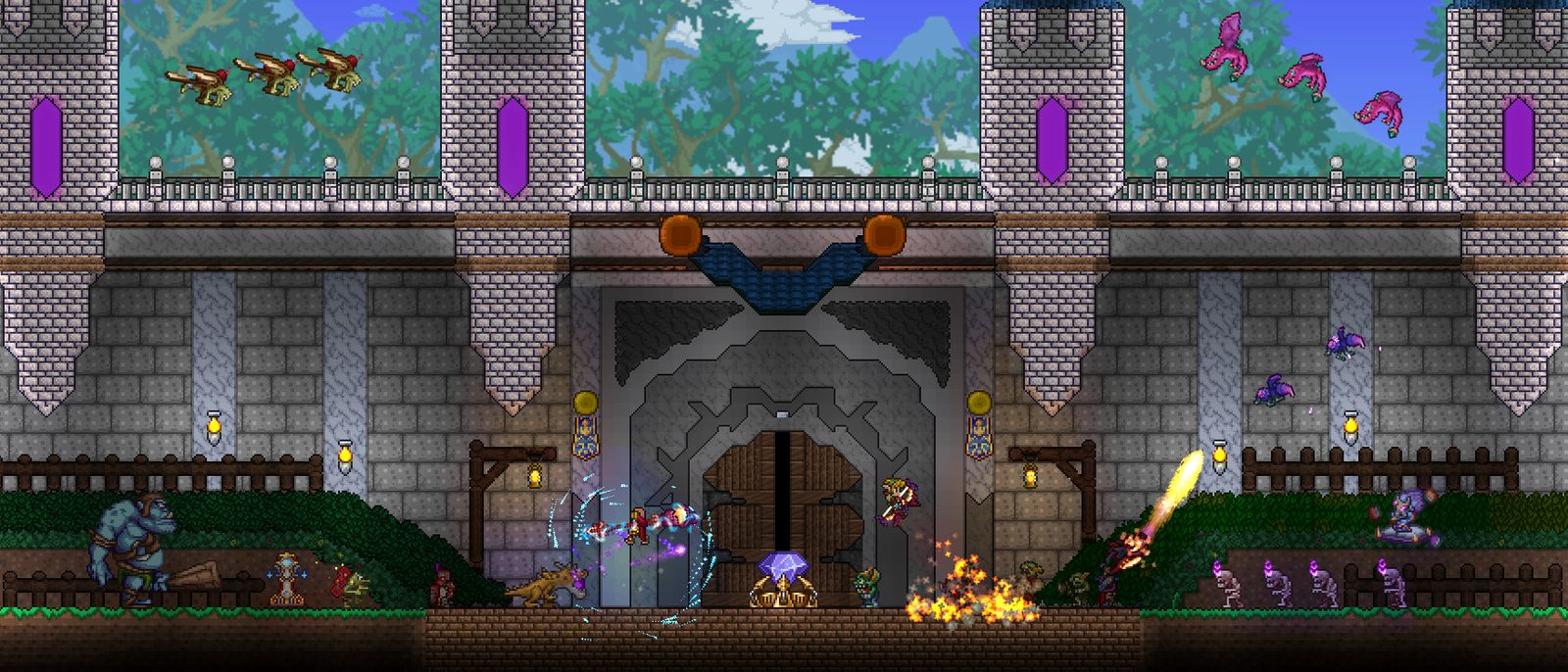 A stone castle built by a player, with enemies massing at the gate