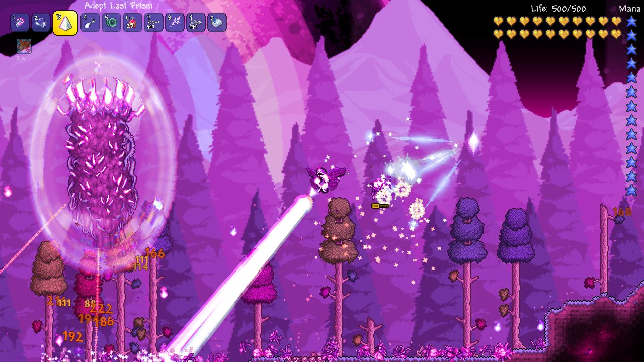 A boss fight in a violet forest under a hail of spell fire
