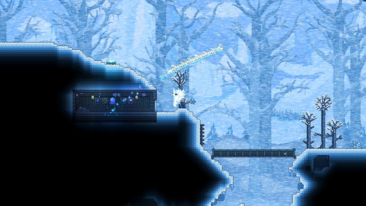 An ice-cave outpost in a frozen forest