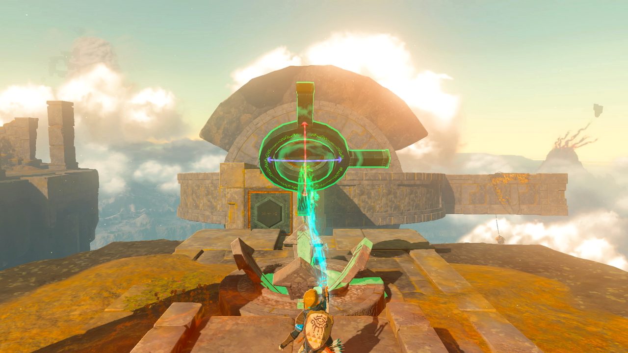 A Zonai device lined up on a sky-island launch pad