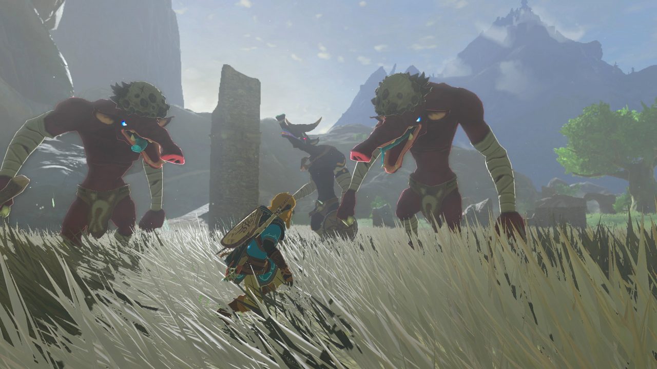 Link facing a band of Moblins in long grass